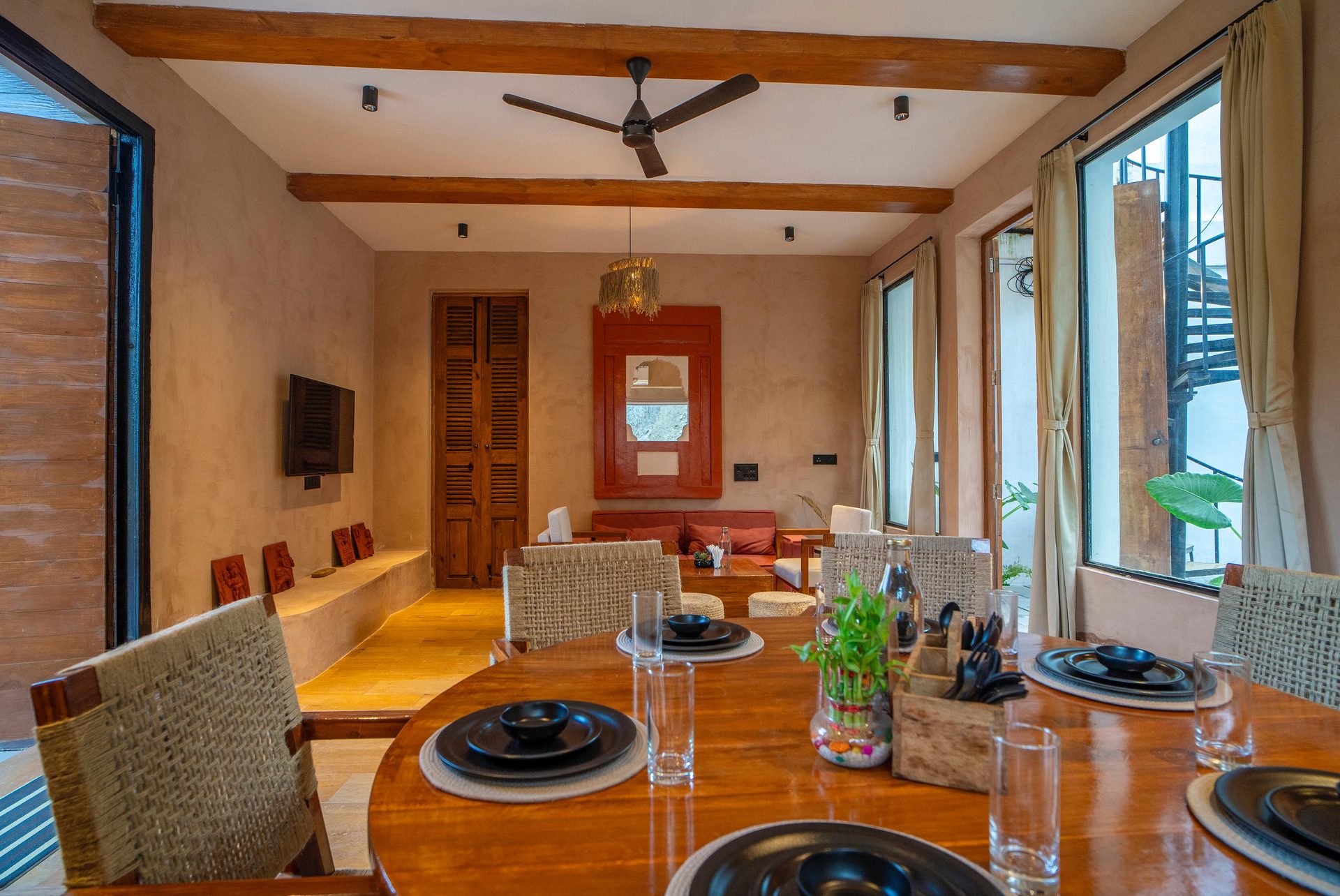 Niva villa interior with lime-plaster walls and Rajasthani detailing